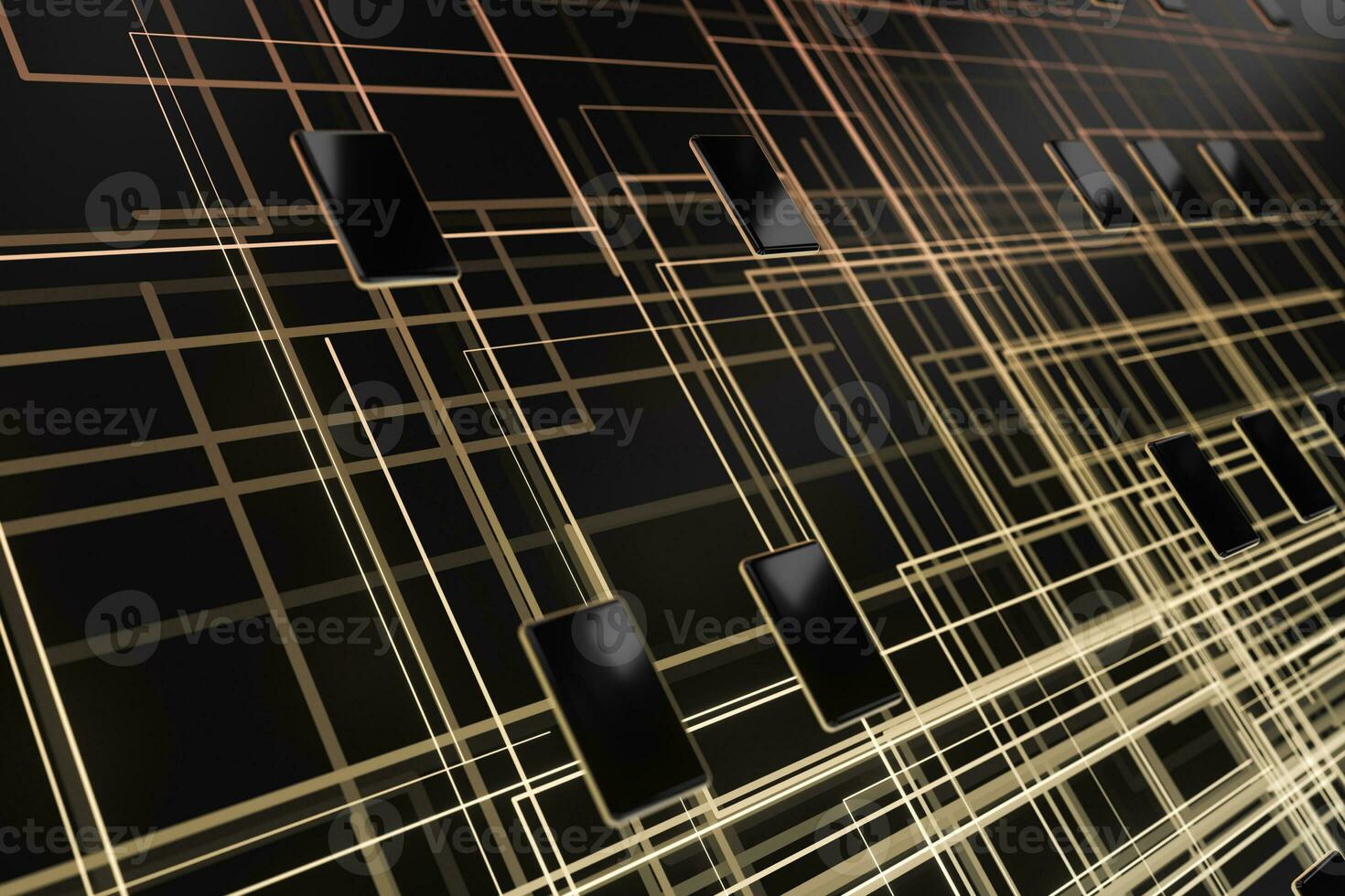 Golden cyber space with crossed glowing lines, 3d rendering. photo