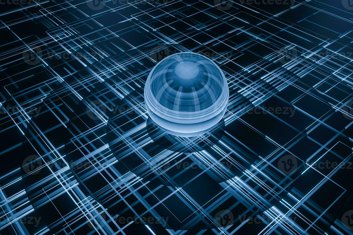 Blue cyber space with crossed glowing lines, 3d rendering. photo