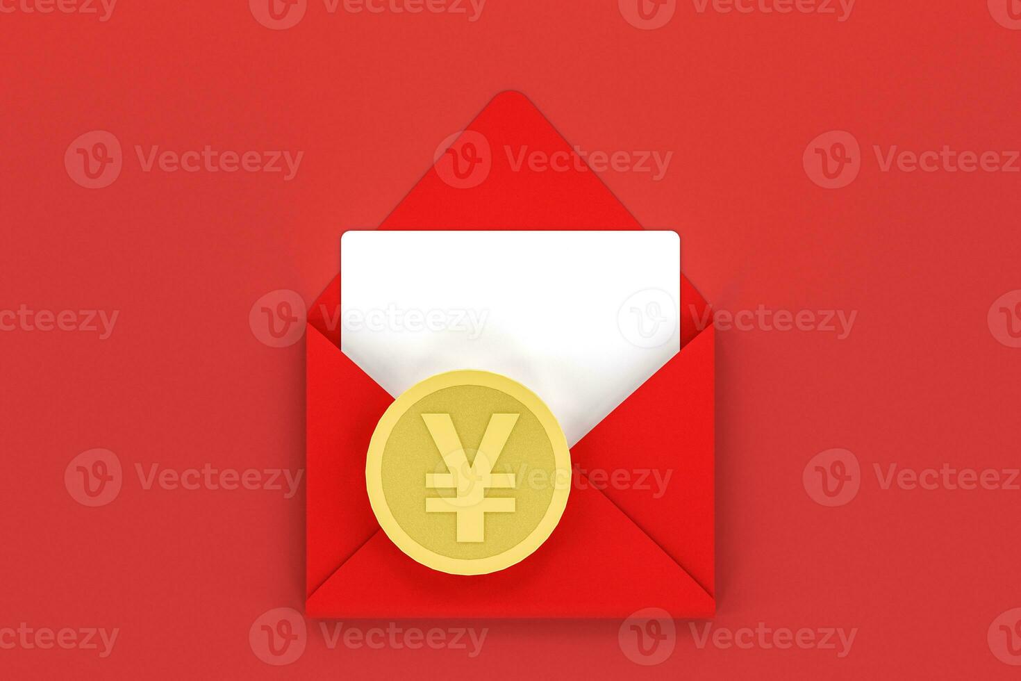 Red package with golden coin inside, red background, festive theme, 3d rendering photo
