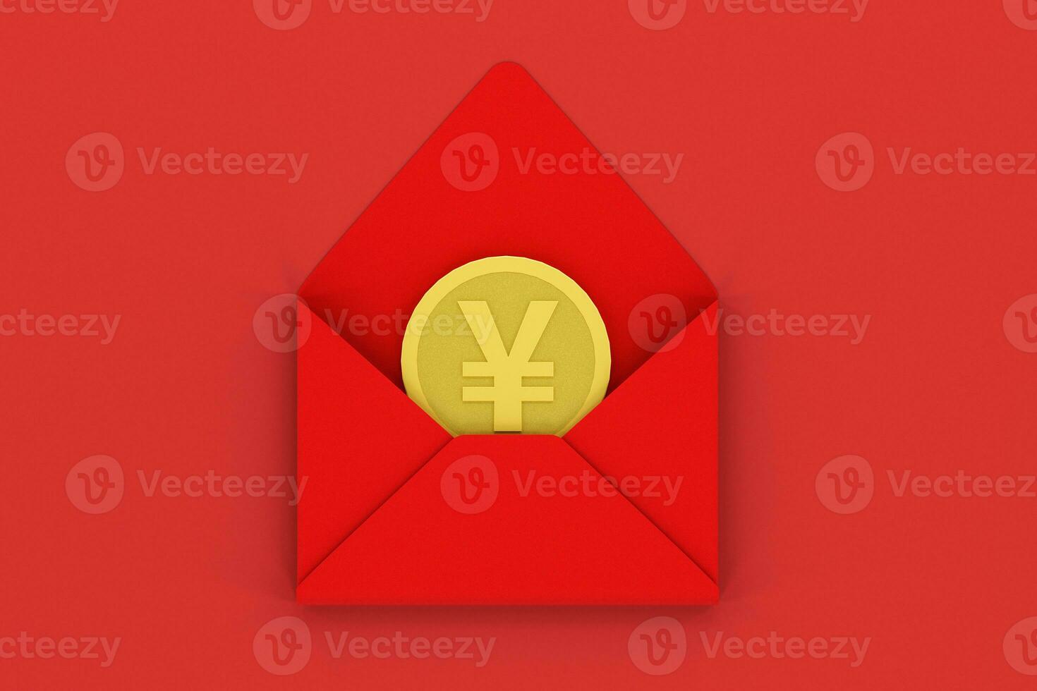 Red package with golden coin inside, red background, festive theme, 3d rendering photo