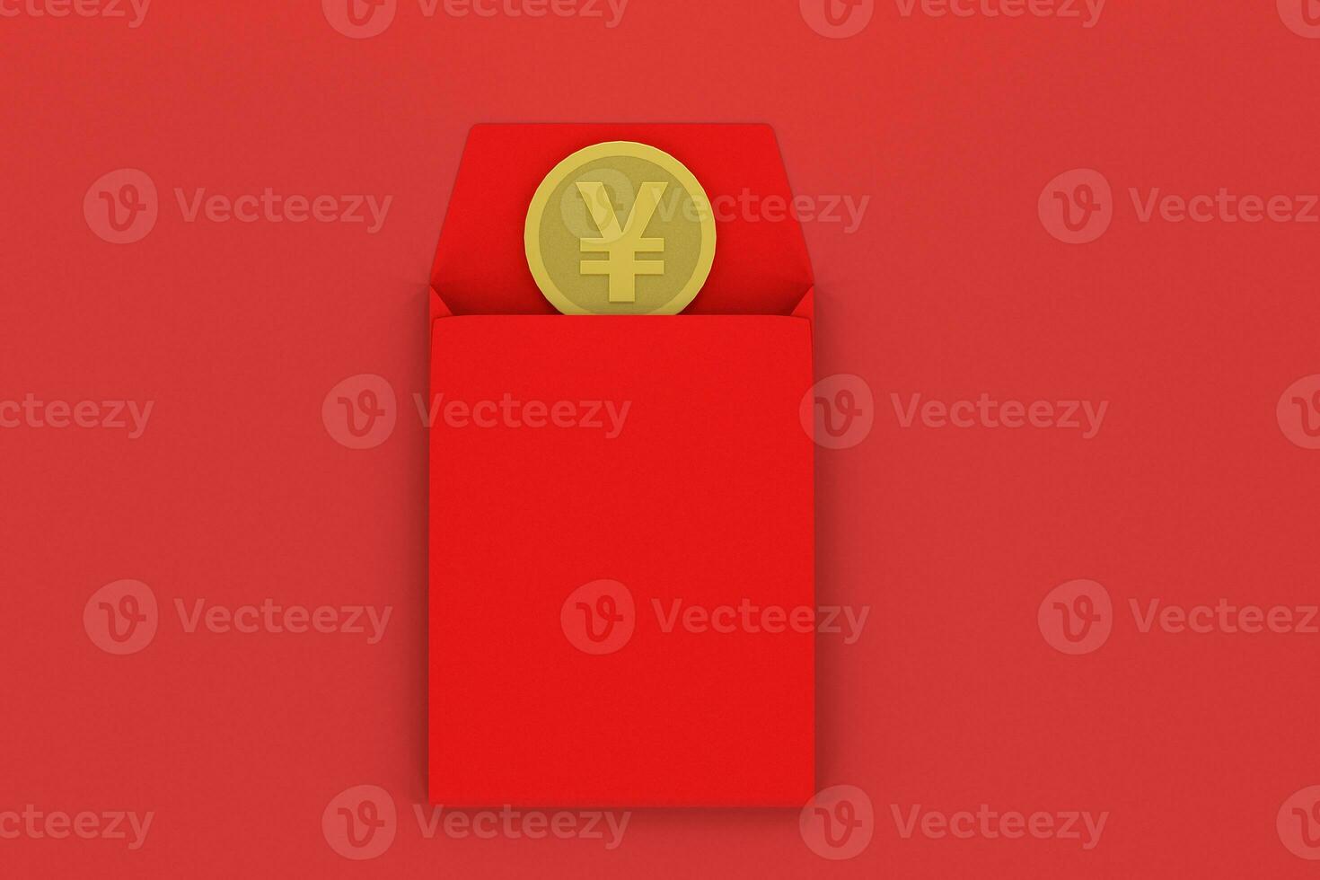 Red package with golden coin inside, red background, festive theme, 3d rendering photo