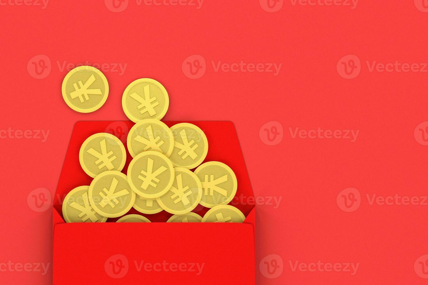 Red package with golden coin inside, red background, festive theme, 3d rendering photo