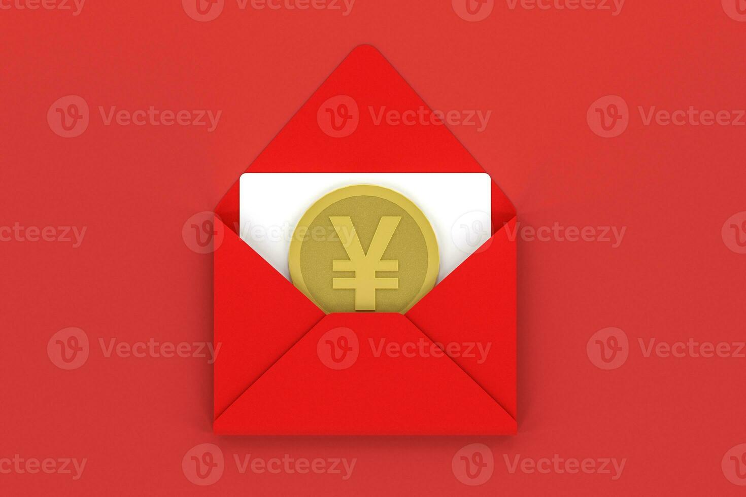Red package with golden coin inside, red background, festive theme, 3d rendering photo
