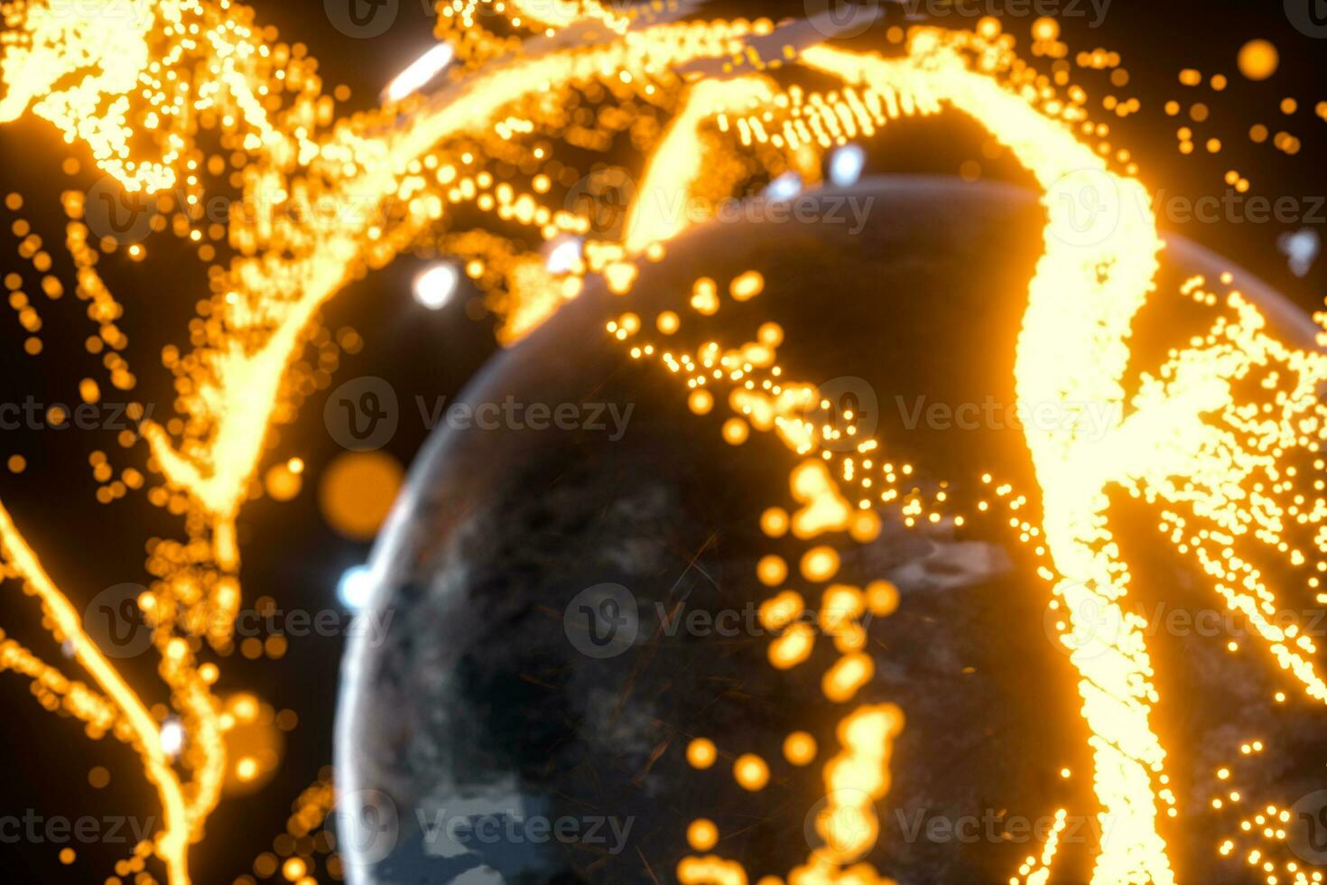 Glowing particles surrounding around the planet, 3d rendering. photo