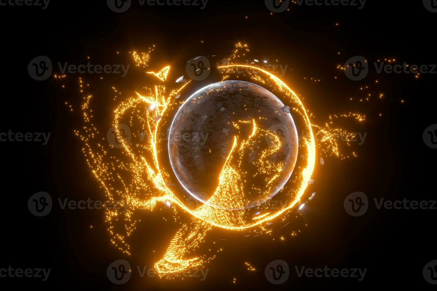 Glowing particles surrounding around the planet, 3d rendering. photo
