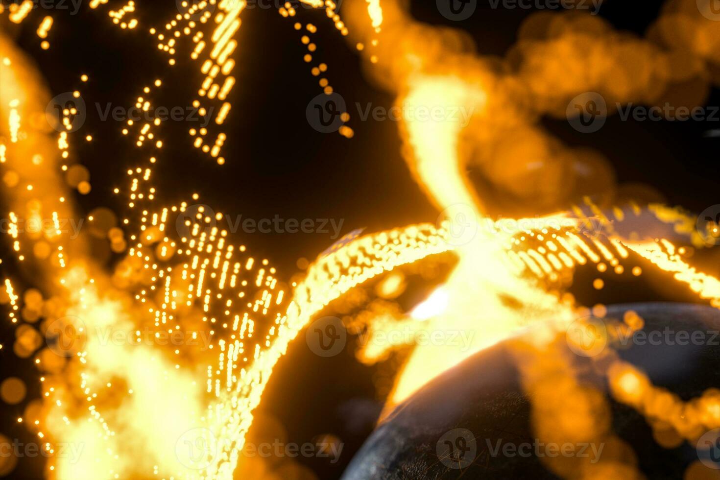 Glowing particles surrounding around the planet, 3d rendering. photo