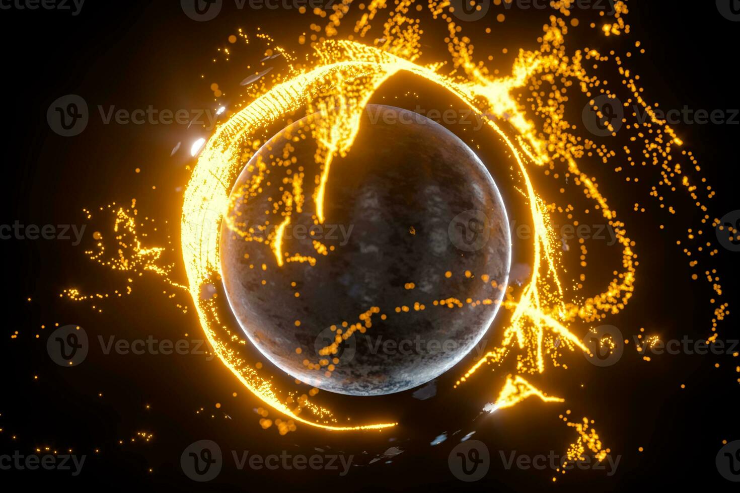 Glowing particles surrounding around the planet, 3d rendering. photo