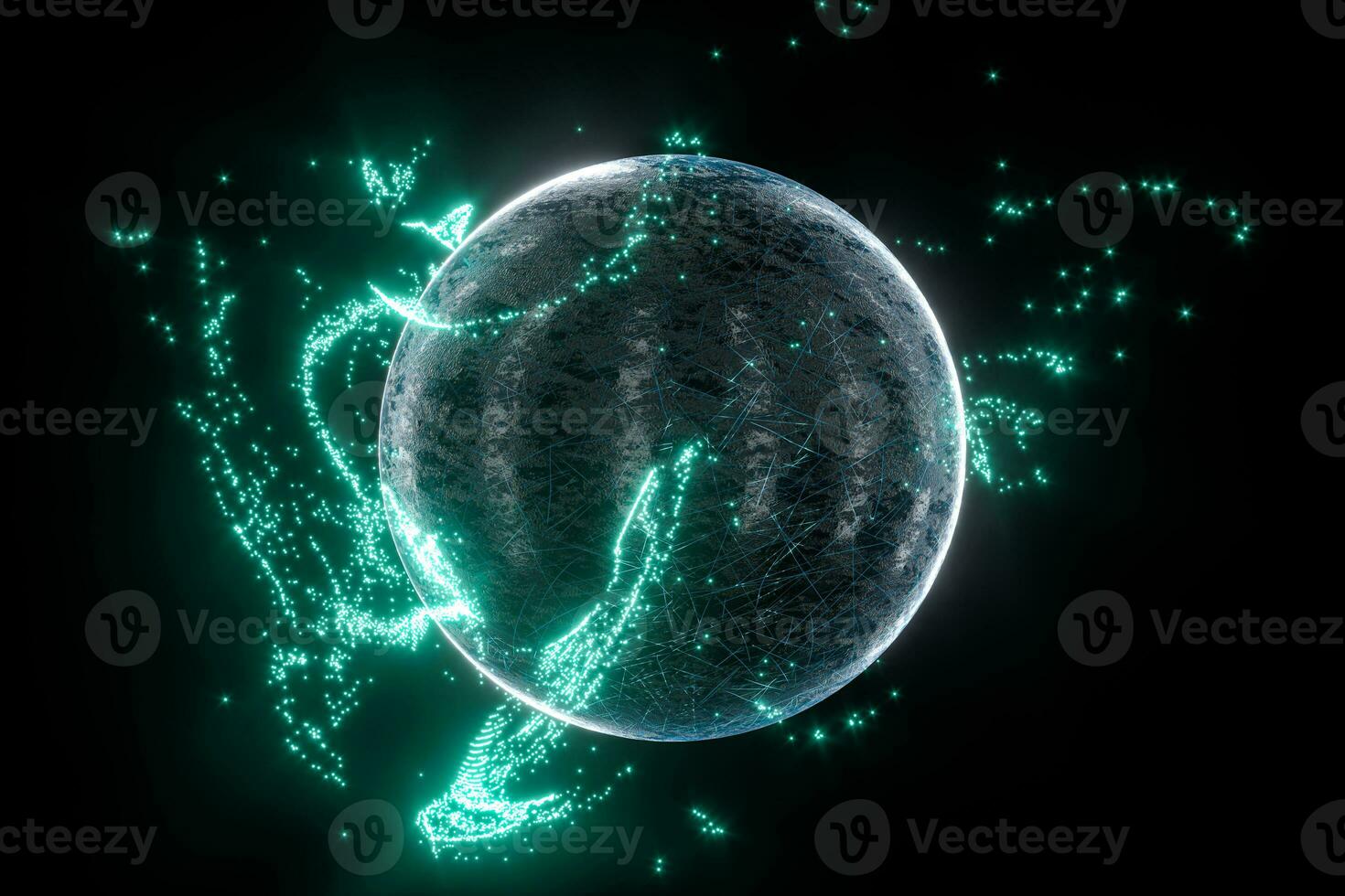 Glowing particles surrounding around the planet, 3d rendering. photo