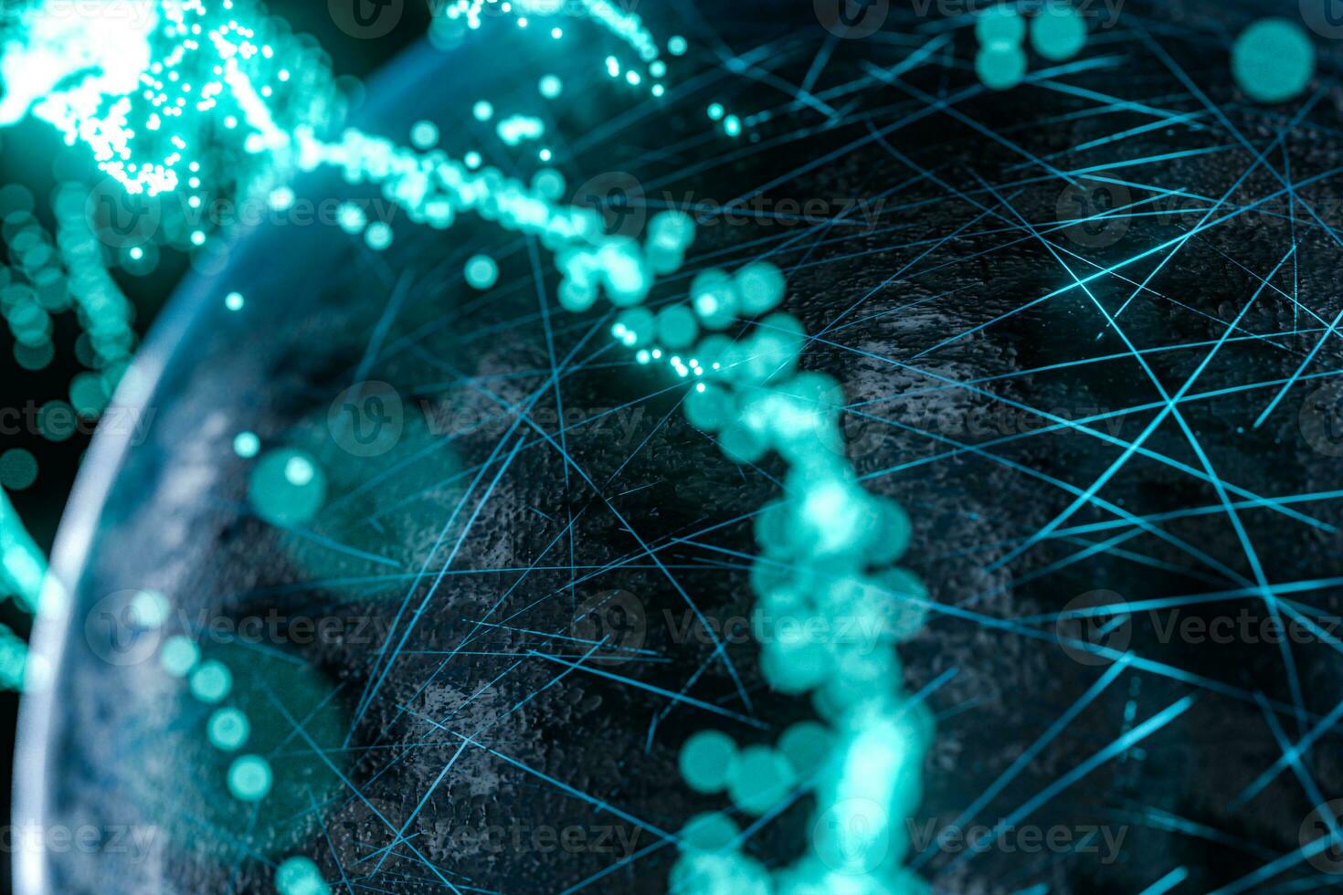 Glowing particles surrounding around the planet, 3d rendering. photo