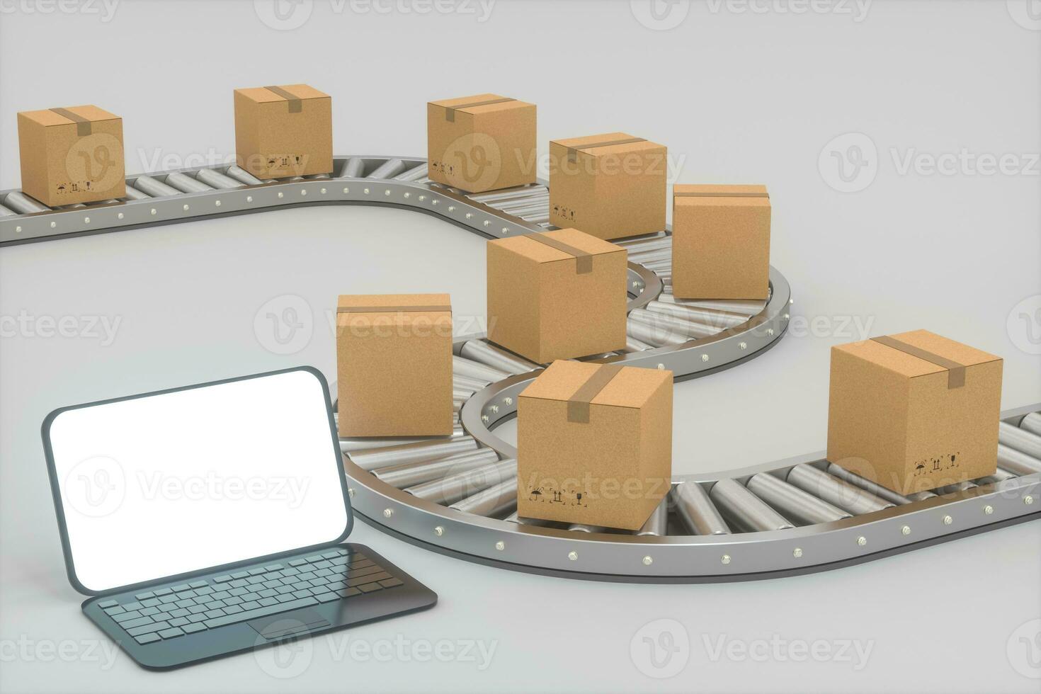 Boxes moving on the conveyor belt, laptop and conveyor belt ,3d rendering. photo