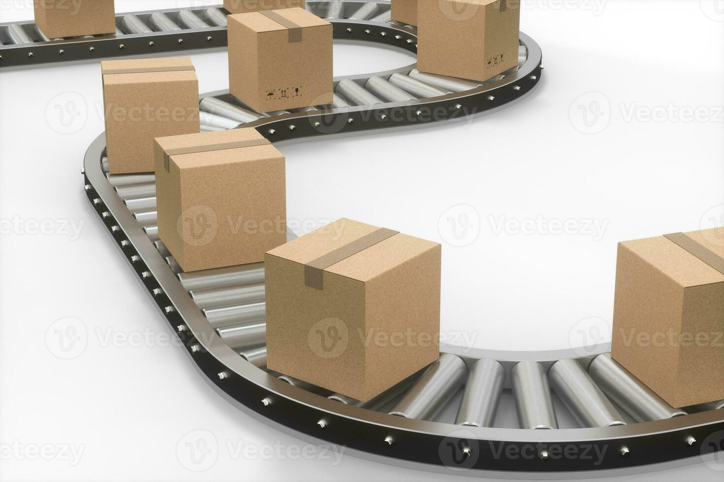 cajas Moviente en el transportador cinturón, 3d representación. foto