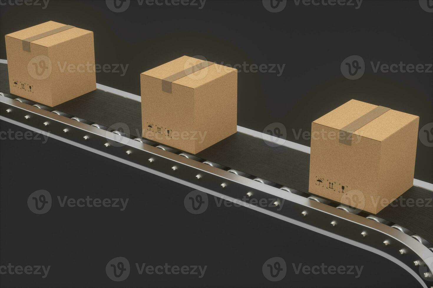 cajas Moviente en el transportador cinturón, 3d representación. foto