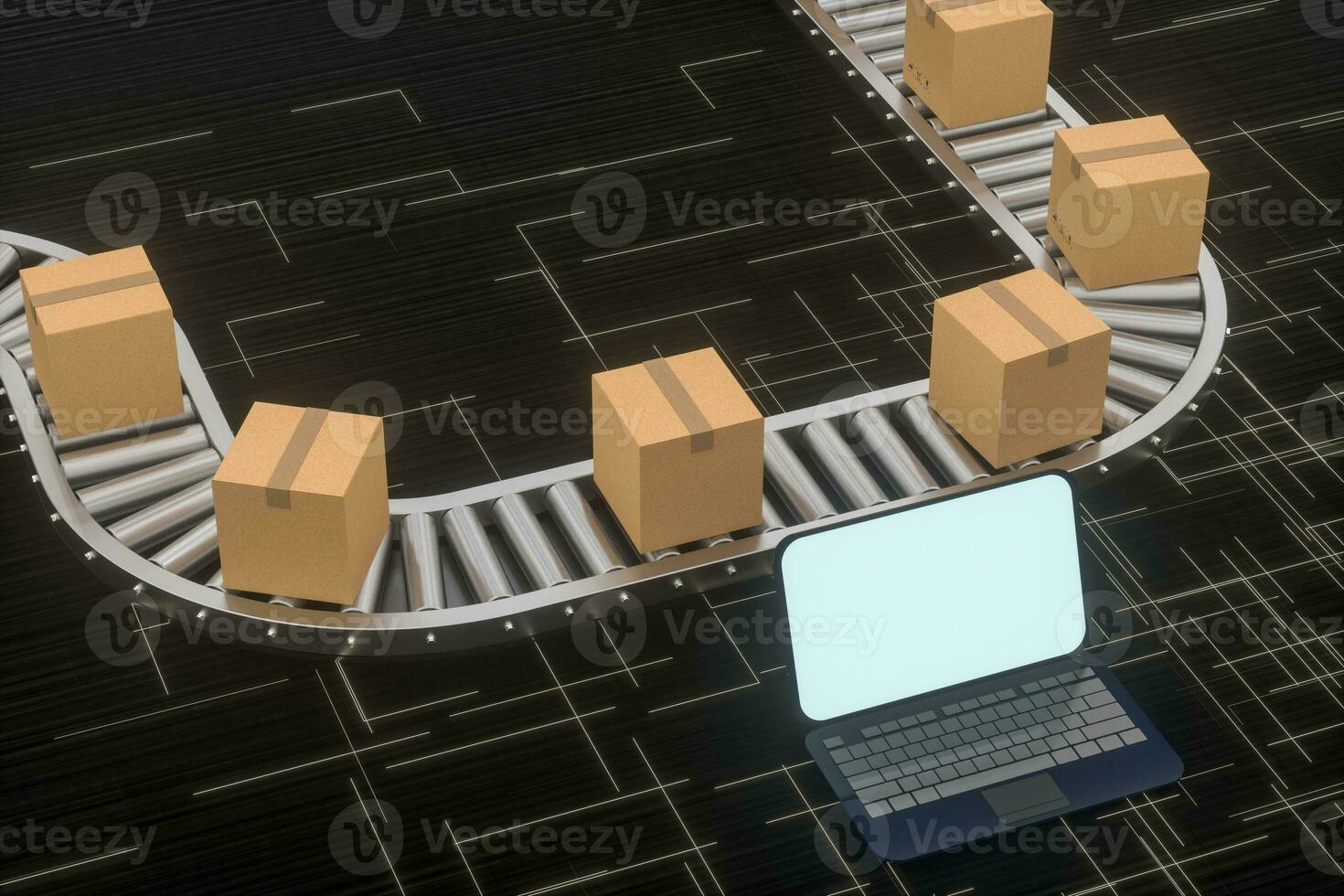 Boxes moving on the conveyor belt, laptop and conveyor belt ,3d rendering. photo