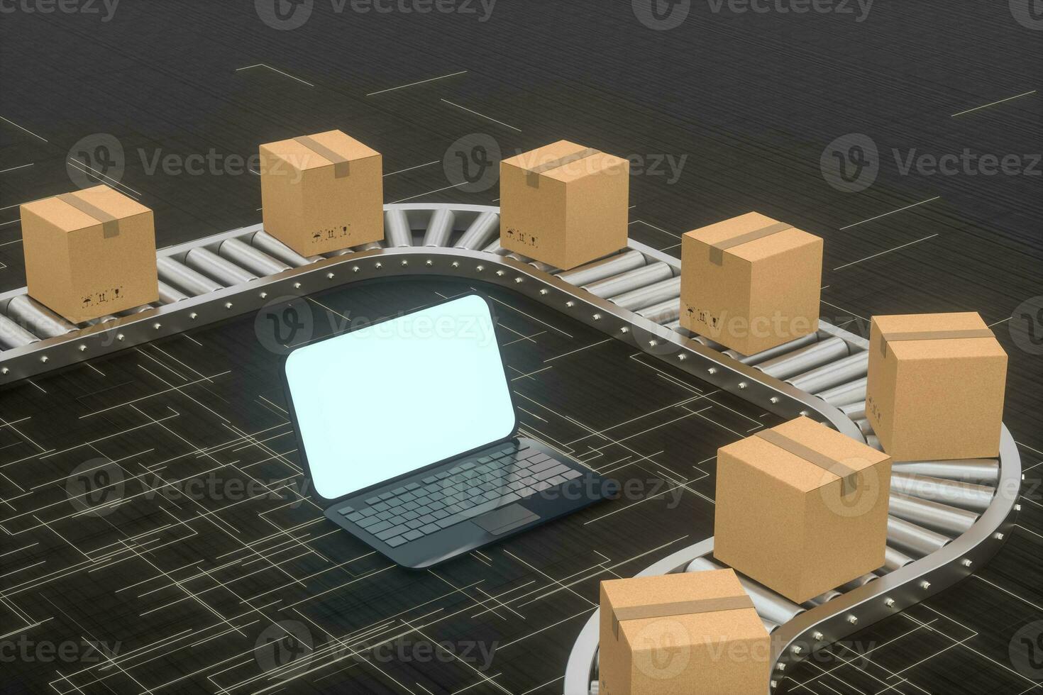 Boxes moving on the conveyor belt, laptop and conveyor belt ,3d rendering. photo