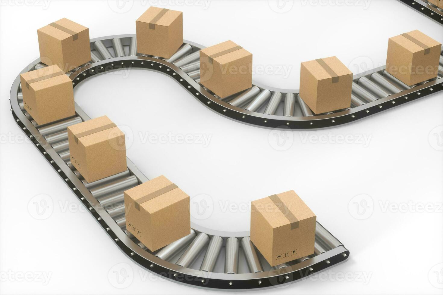 Boxes moving on the conveyor belt, 3d rendering. photo