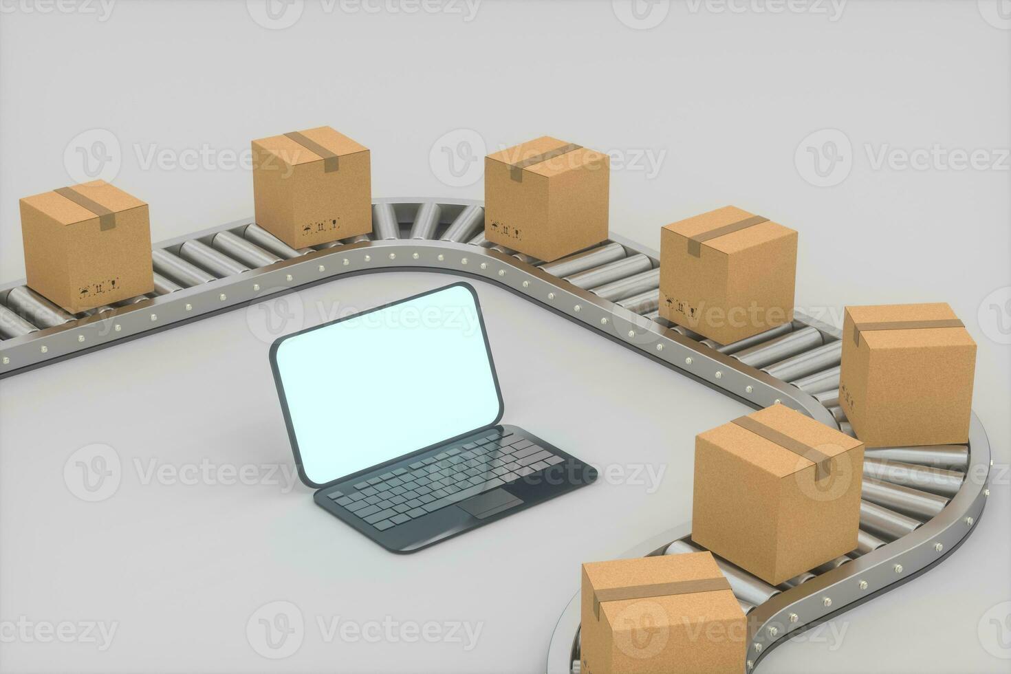 Boxes moving on the conveyor belt, laptop and conveyor belt ,3d rendering. photo