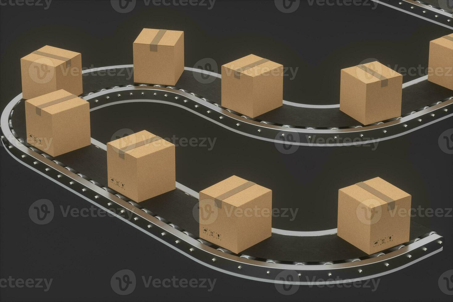 Boxes moving on the conveyor belt, 3d rendering. photo