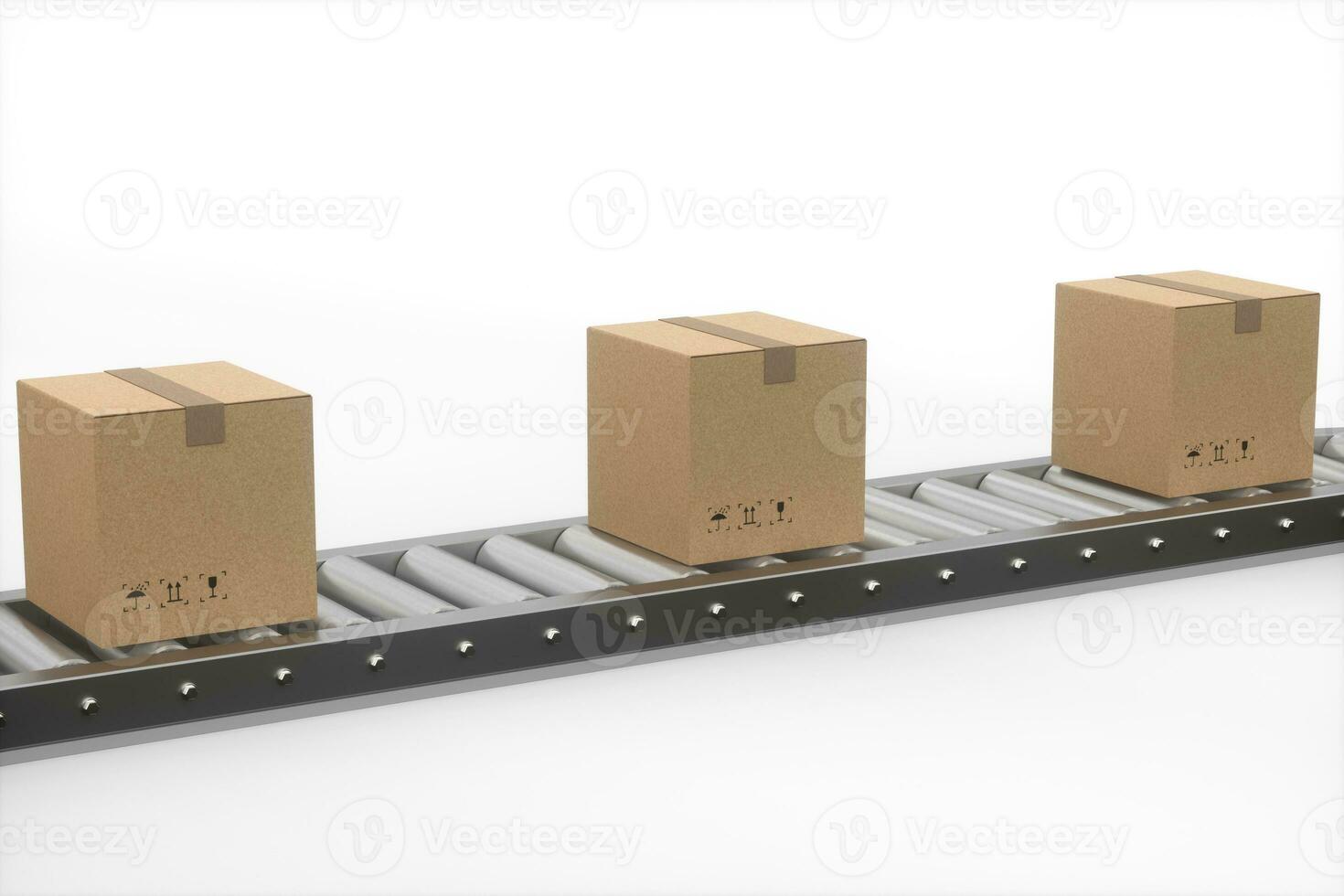 cajas Moviente en el transportador cinturón, 3d representación. foto