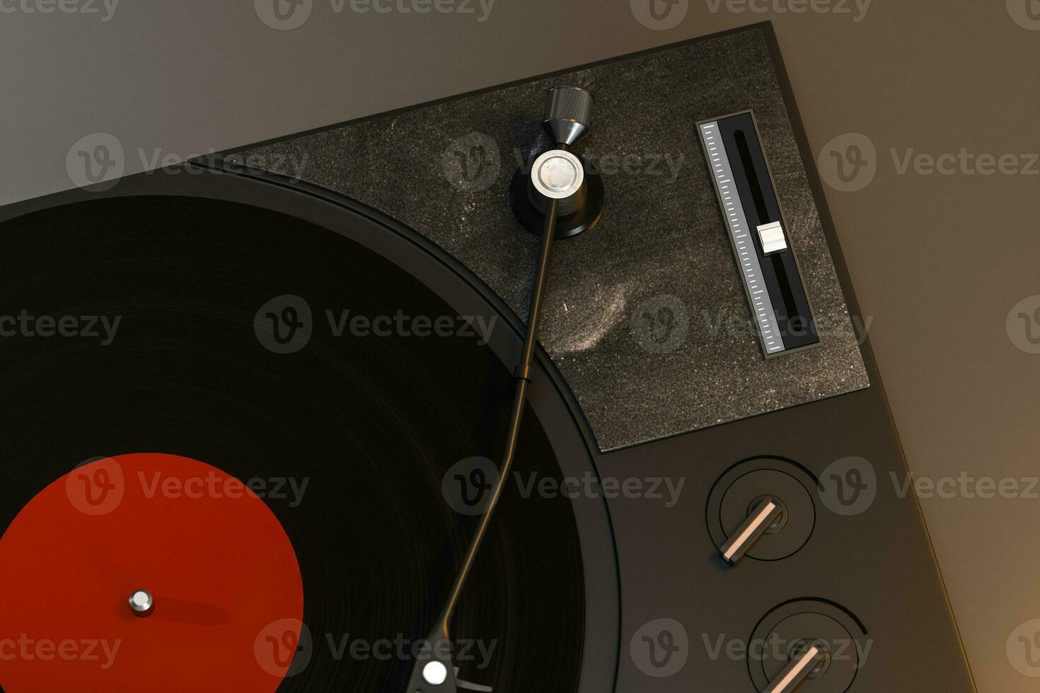 The dark vinyl record player on the table, 3d rendering. photo