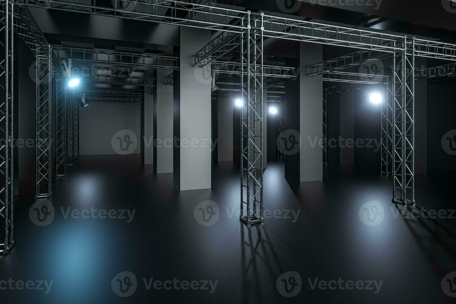 Cement and reinforcement with projector lamps in the dark room, 3d rendering. photo