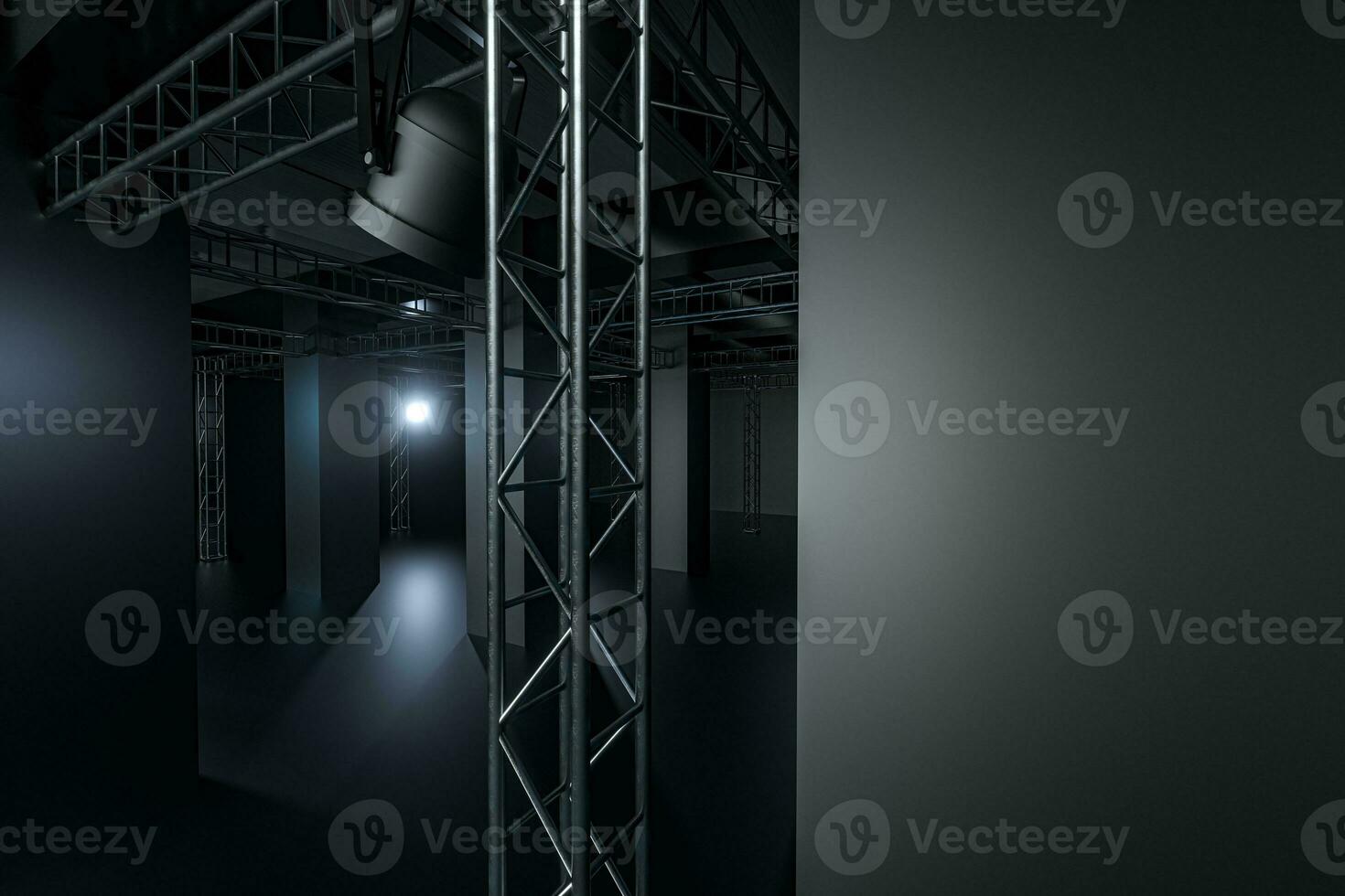 Cement and reinforcement with projector lamps in the dark room, 3d rendering. photo