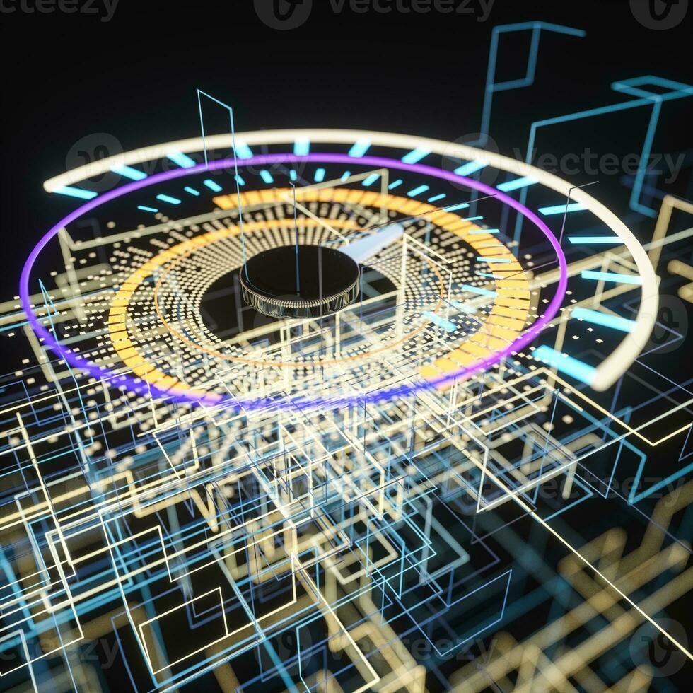 Digital drawing of dashboard with glowing lines, 3d rendering photo