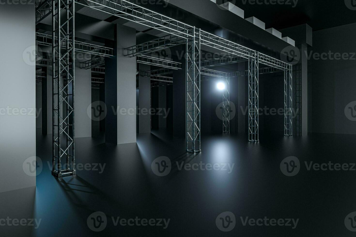 Cement and reinforcement with projector lamps in the dark room, 3d rendering. photo