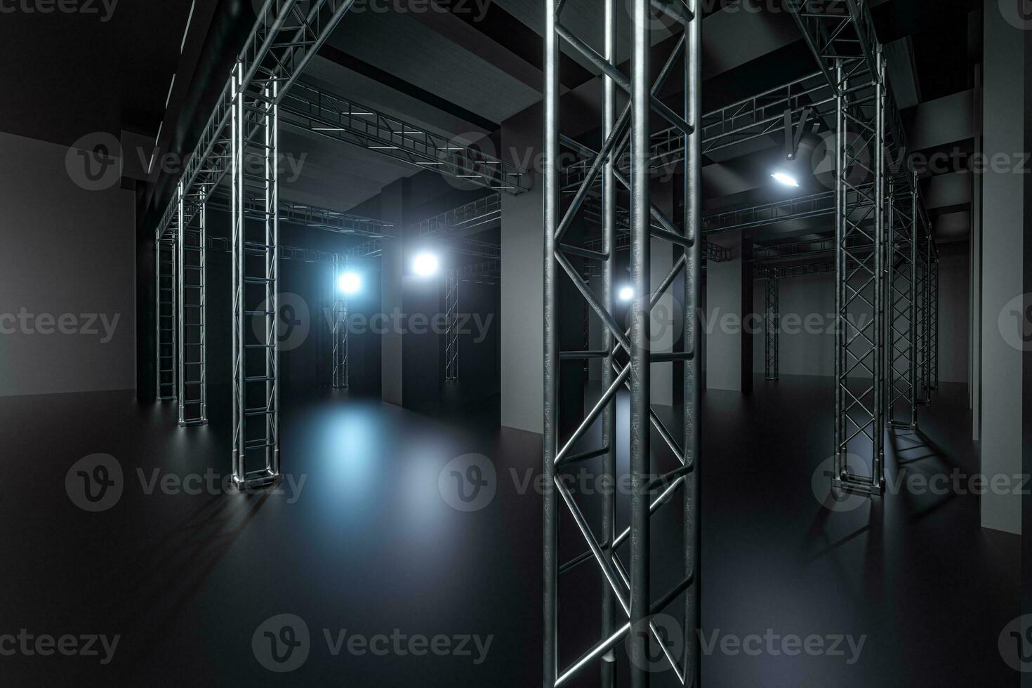 Cement and reinforcement with projector lamps in the dark room, 3d rendering. photo