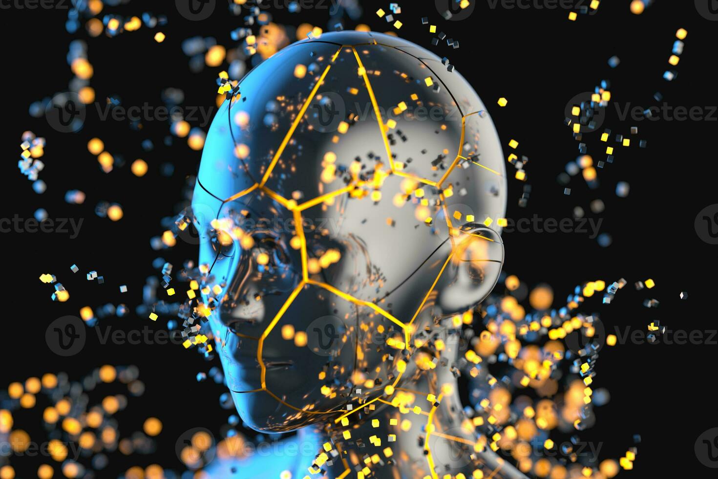 Blue metal human head with particles, 3d rendering. photo