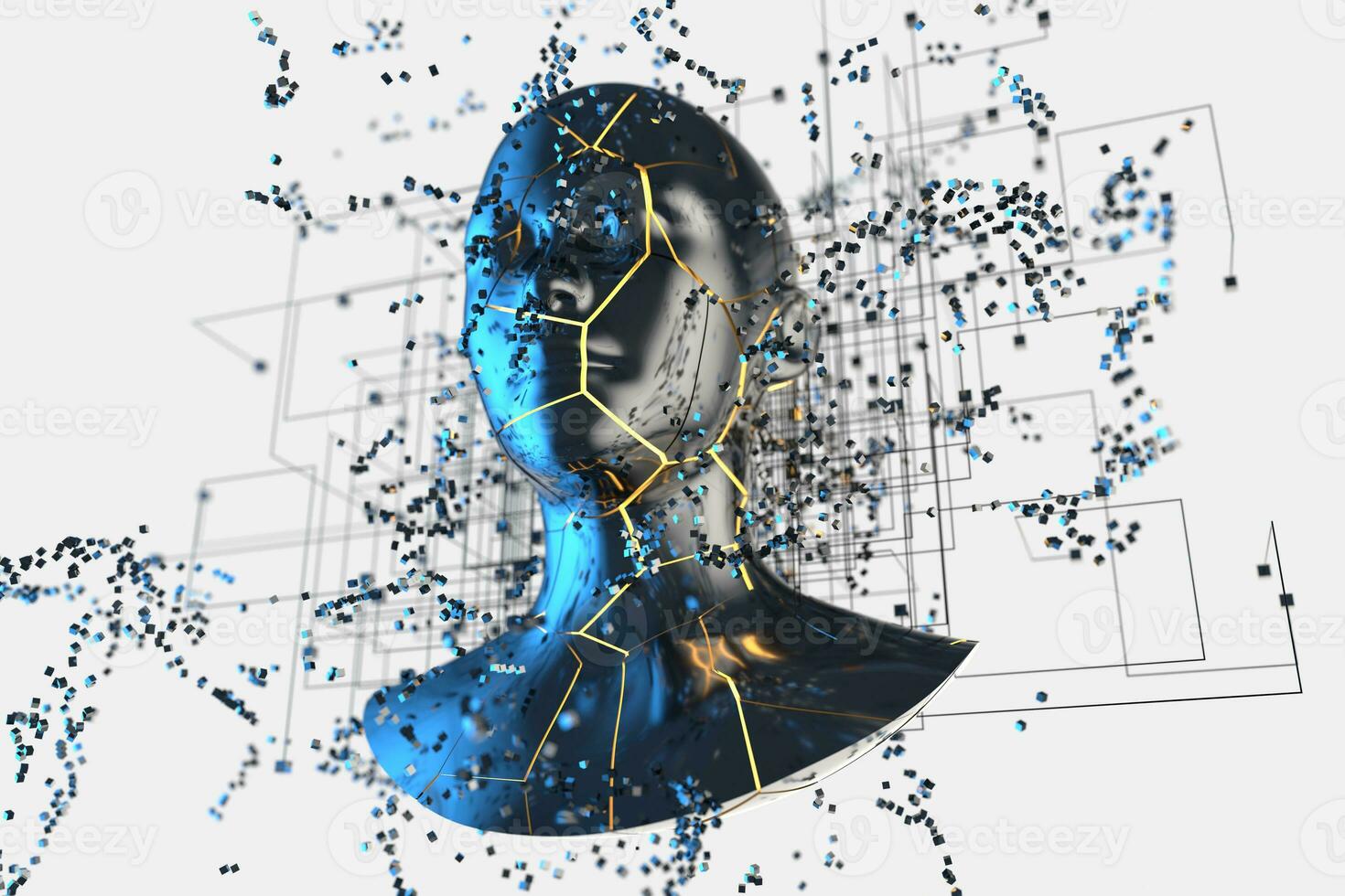 Blue metal human head with particles, 3d rendering. photo