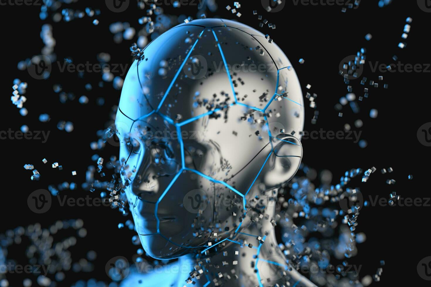Blue metal human head with particles, 3d rendering. photo