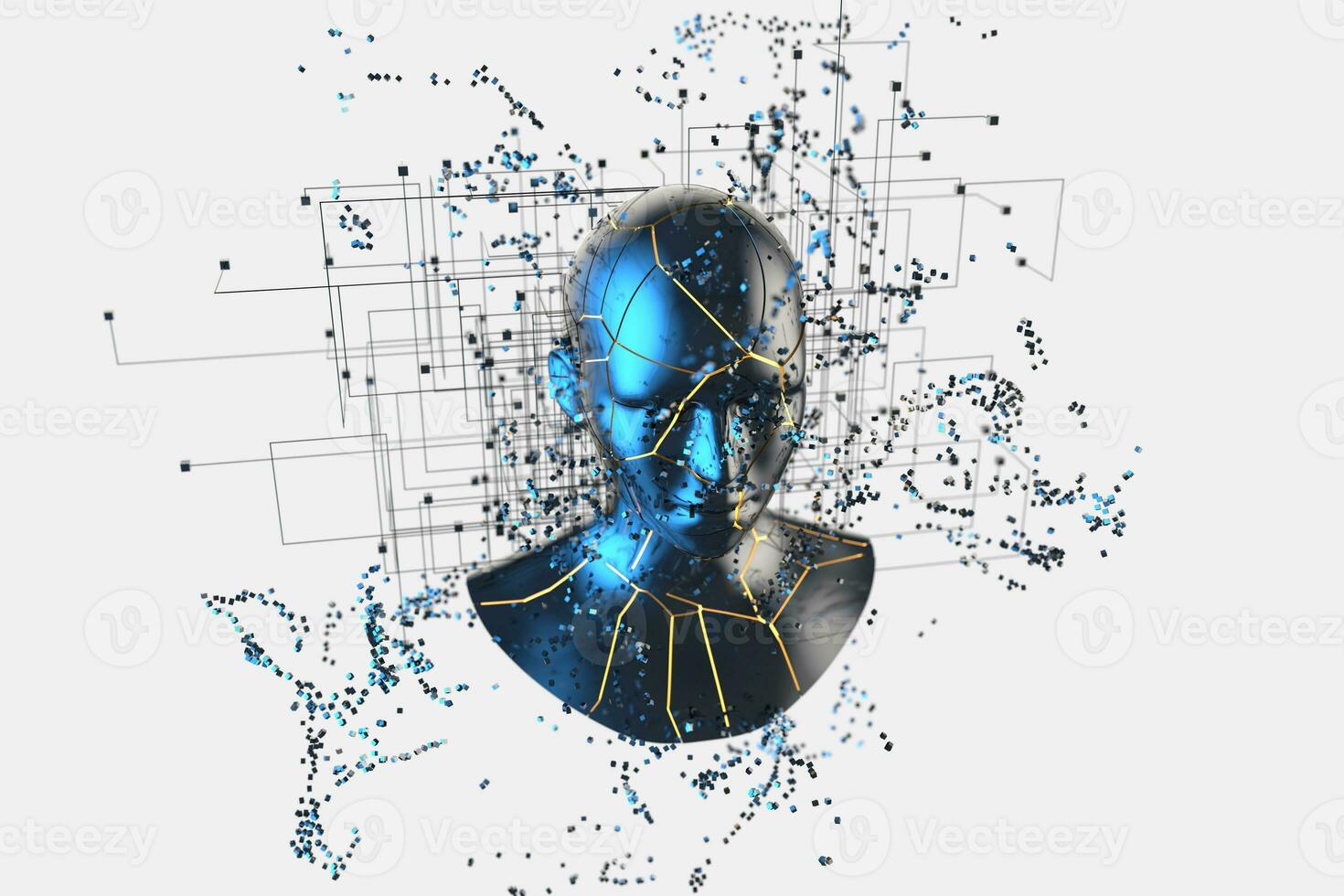 Blue metal human head with particles, 3d rendering. photo