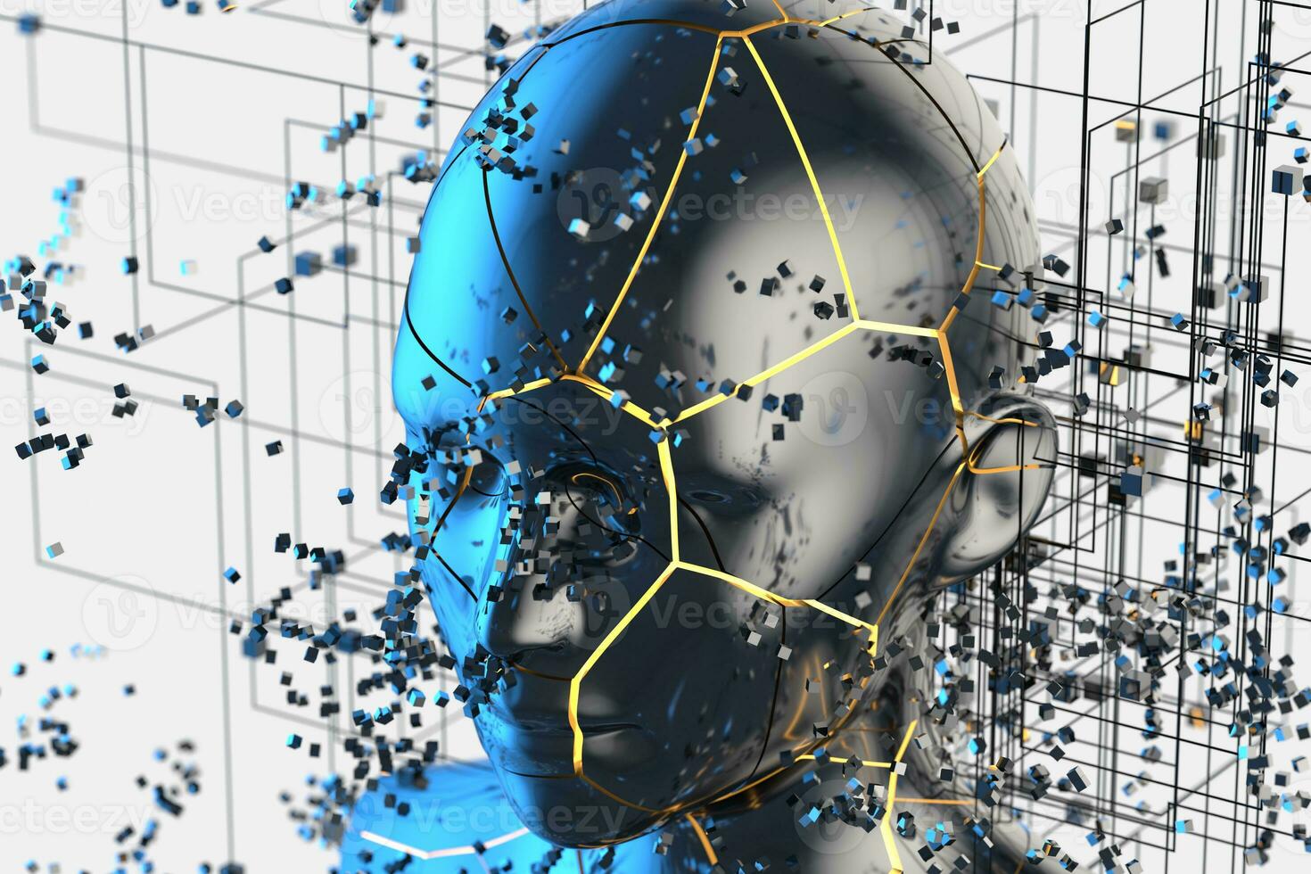 Blue metal human head with particles, 3d rendering. photo