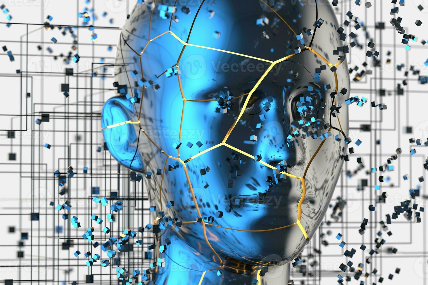 Blue metal human head with particles, 3d rendering. photo