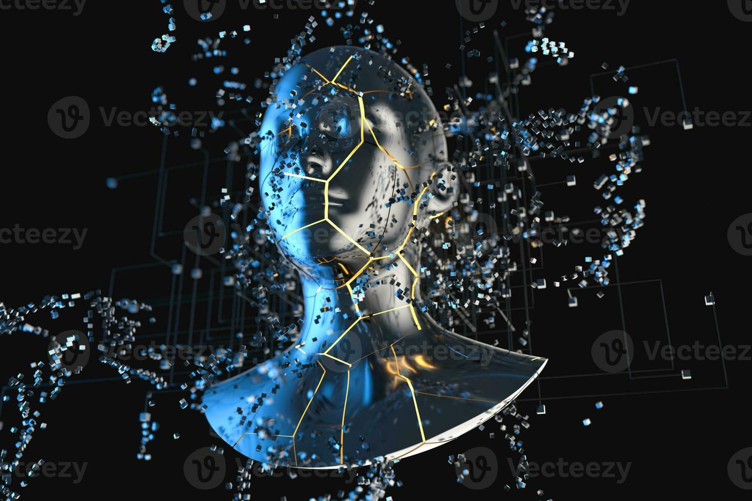 Blue metal human head with particles, 3d rendering. photo