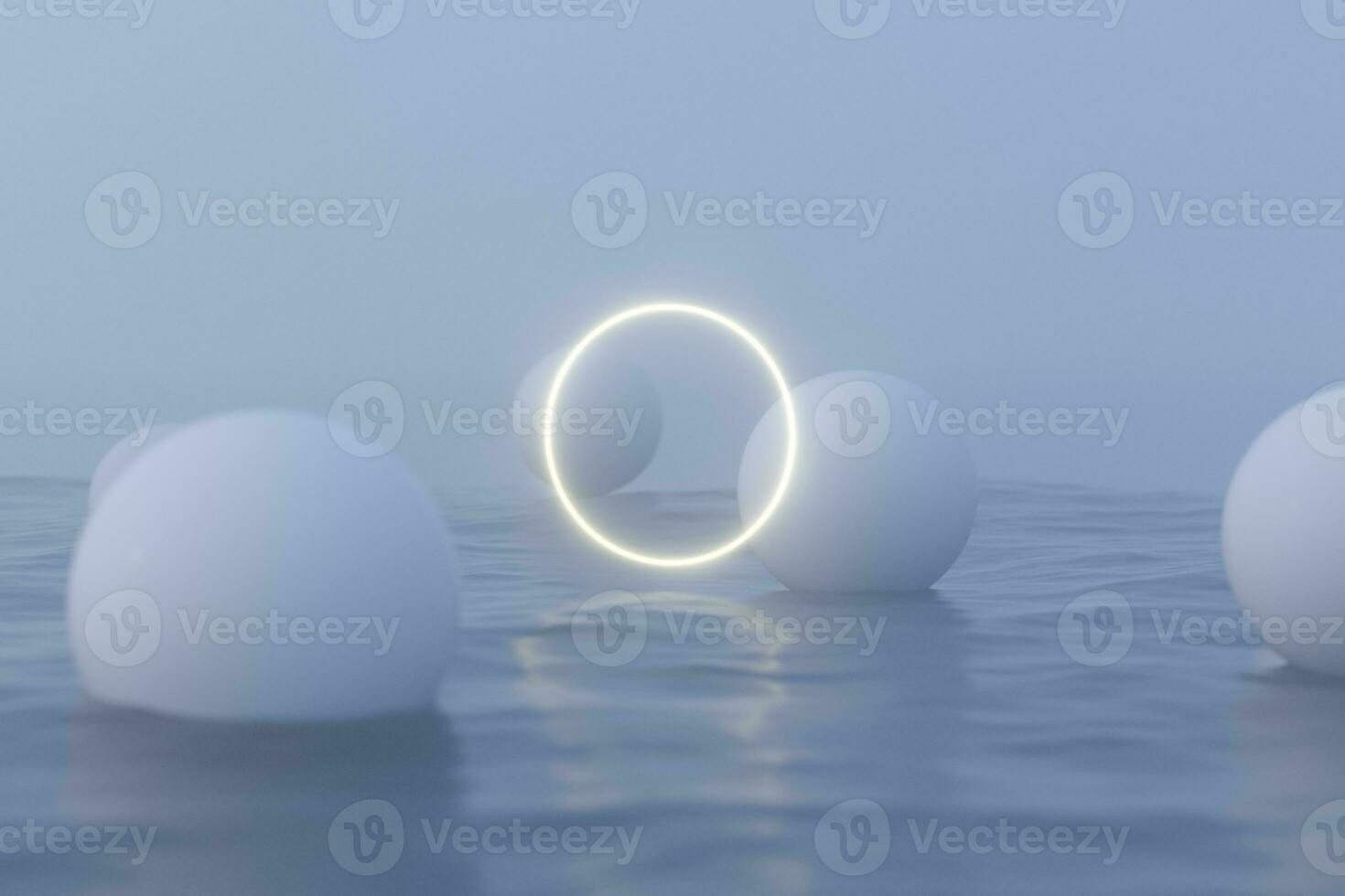 Glowing frame and white balls floating on the lake,3d rendering. photo