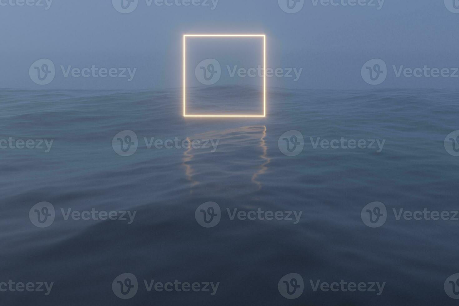 Glowing frame floating on the lake in the evening, 3d rendering. photo