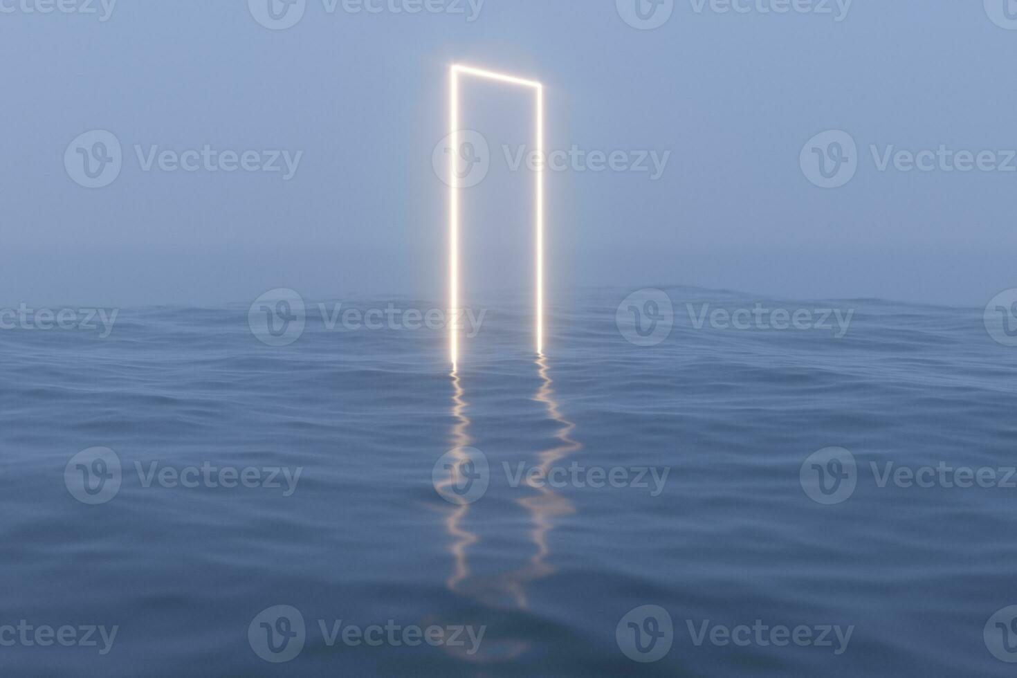 Glowing frame floating on the lake and reflecting in the water, 3d rendering. photo