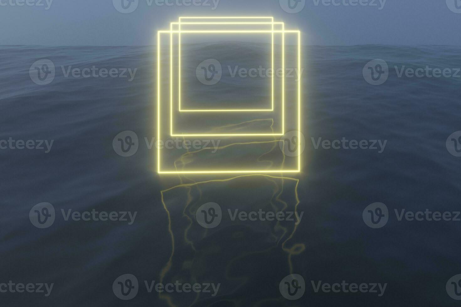 Glowing frame floating on the lake in the evening, 3d rendering. photo