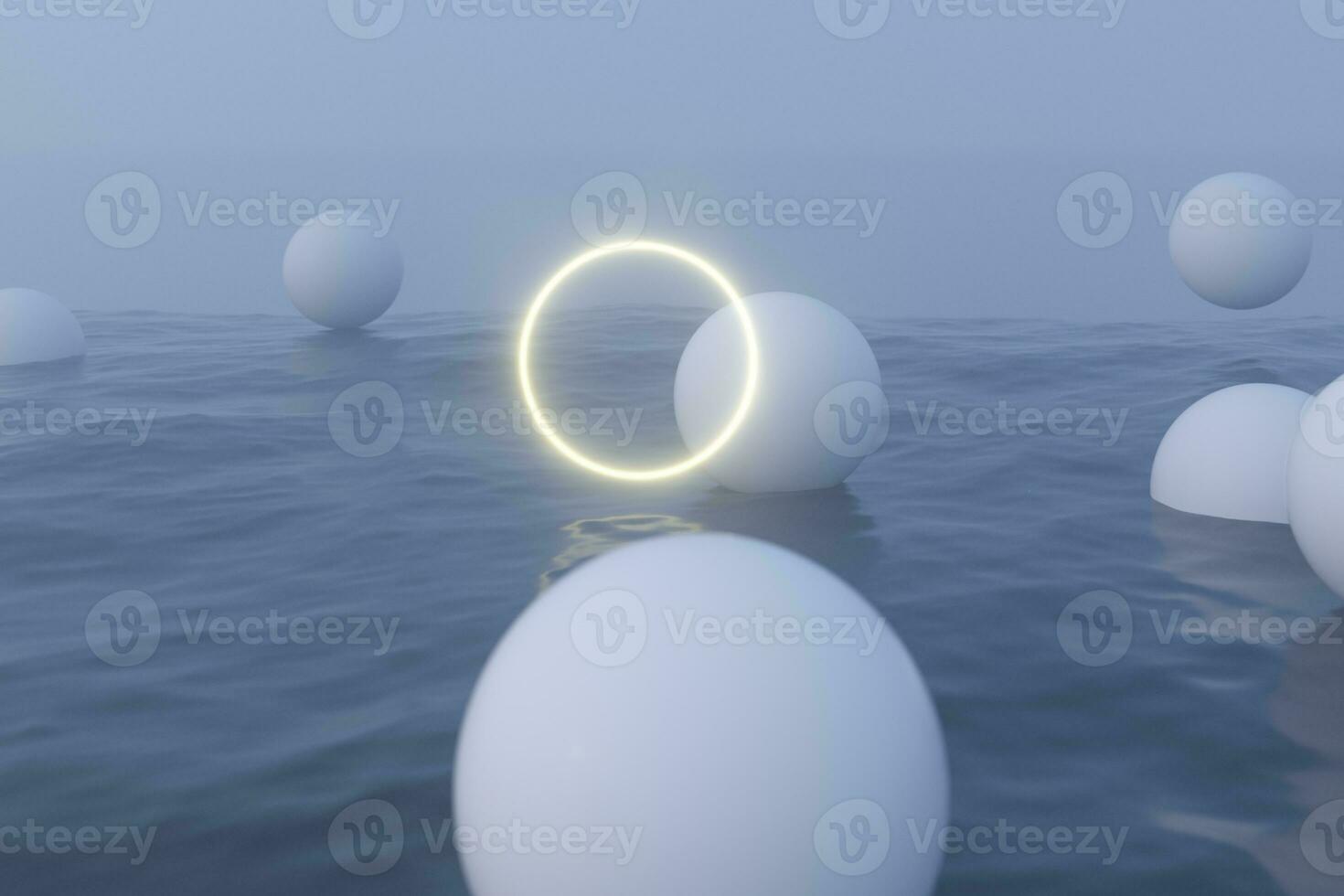 Glowing frame and white balls floating on the lake,3d rendering. photo