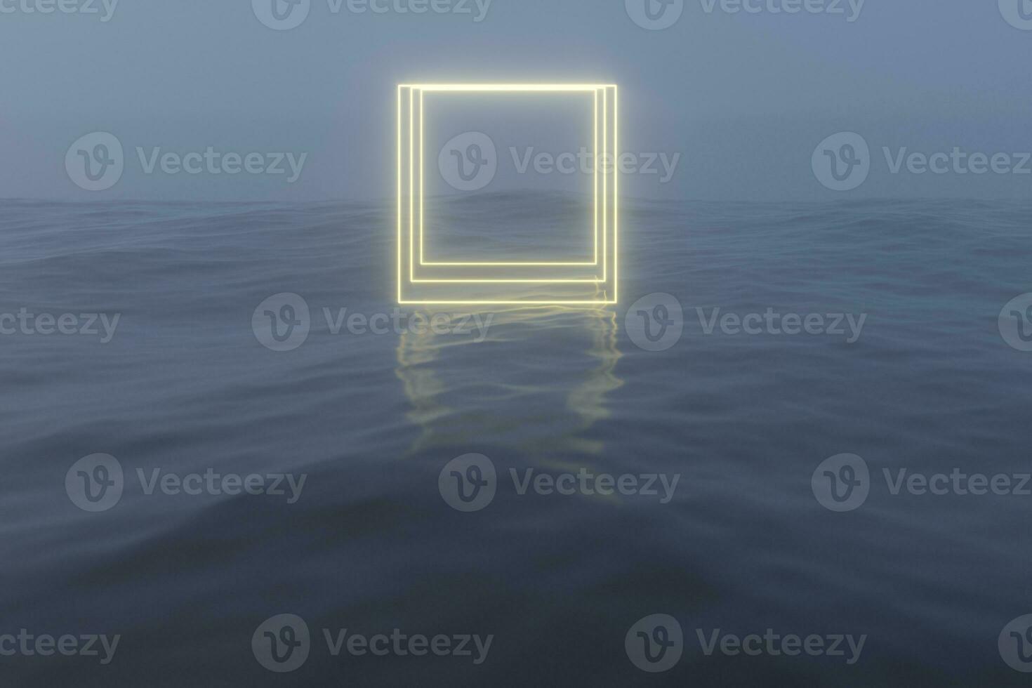 Glowing frame floating on the lake in the evening, 3d rendering. photo