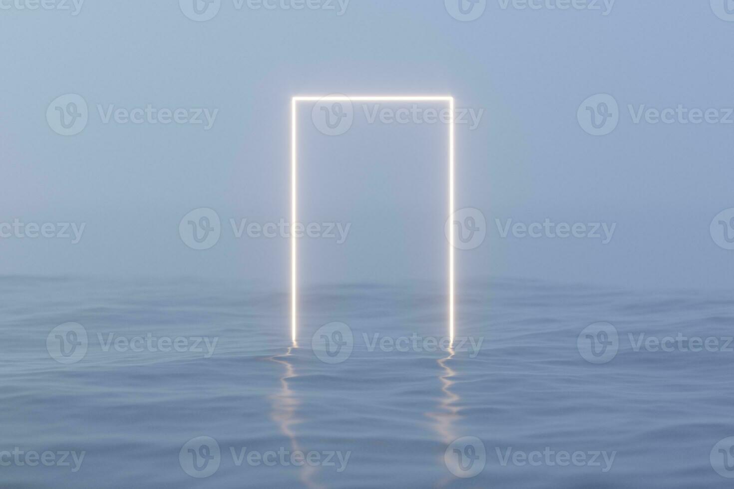 Glowing frame floating on the lake and reflecting in the water, 3d rendering. photo