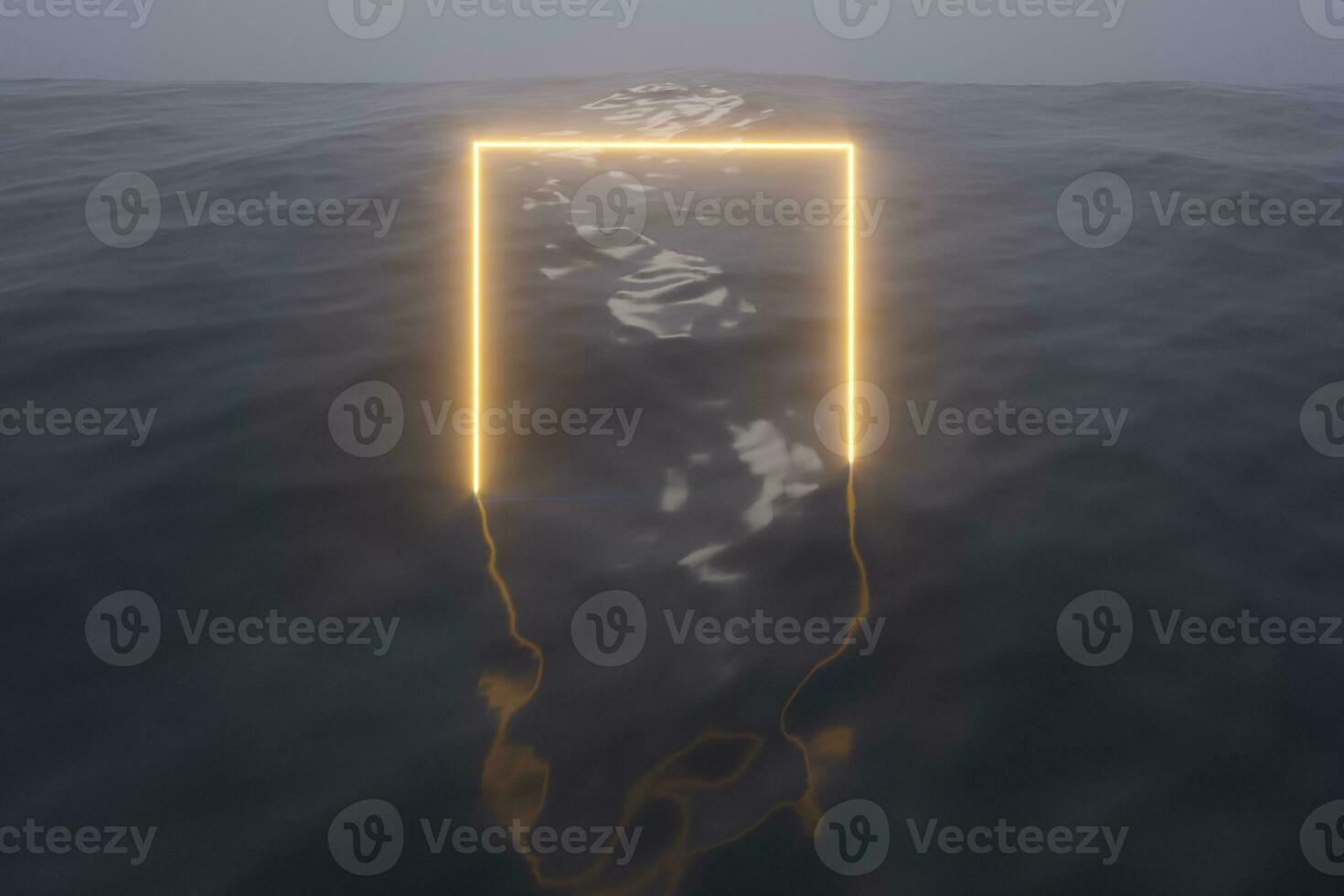 Glowing frame floating on the lake in the evening, 3d rendering. photo