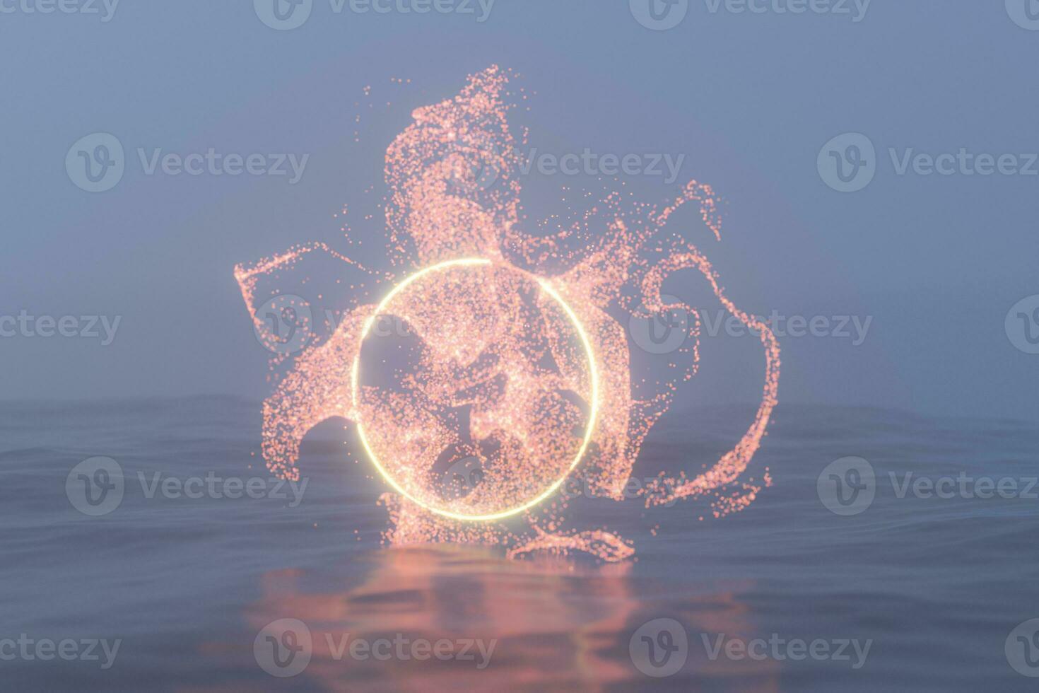 Glowing frame floating on the lake in the evening, 3d rendering. photo