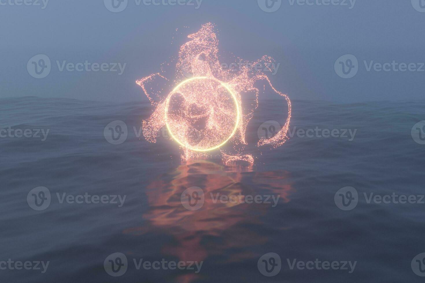 Glowing frame floating on the lake in the evening, 3d rendering. photo