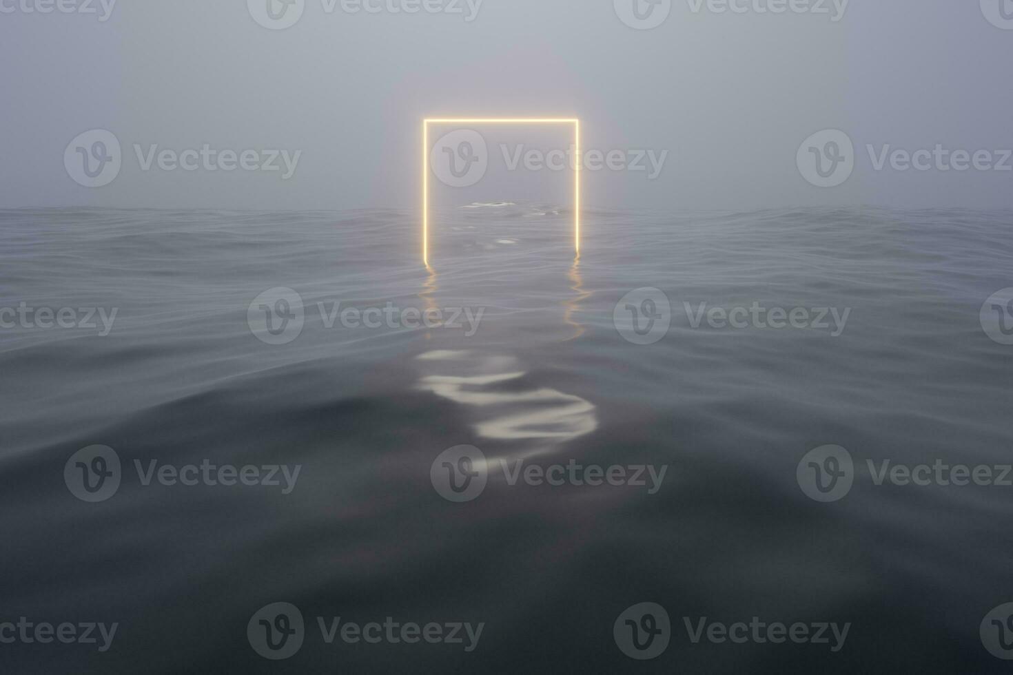 Glowing frame floating on the lake in the evening, 3d rendering. photo