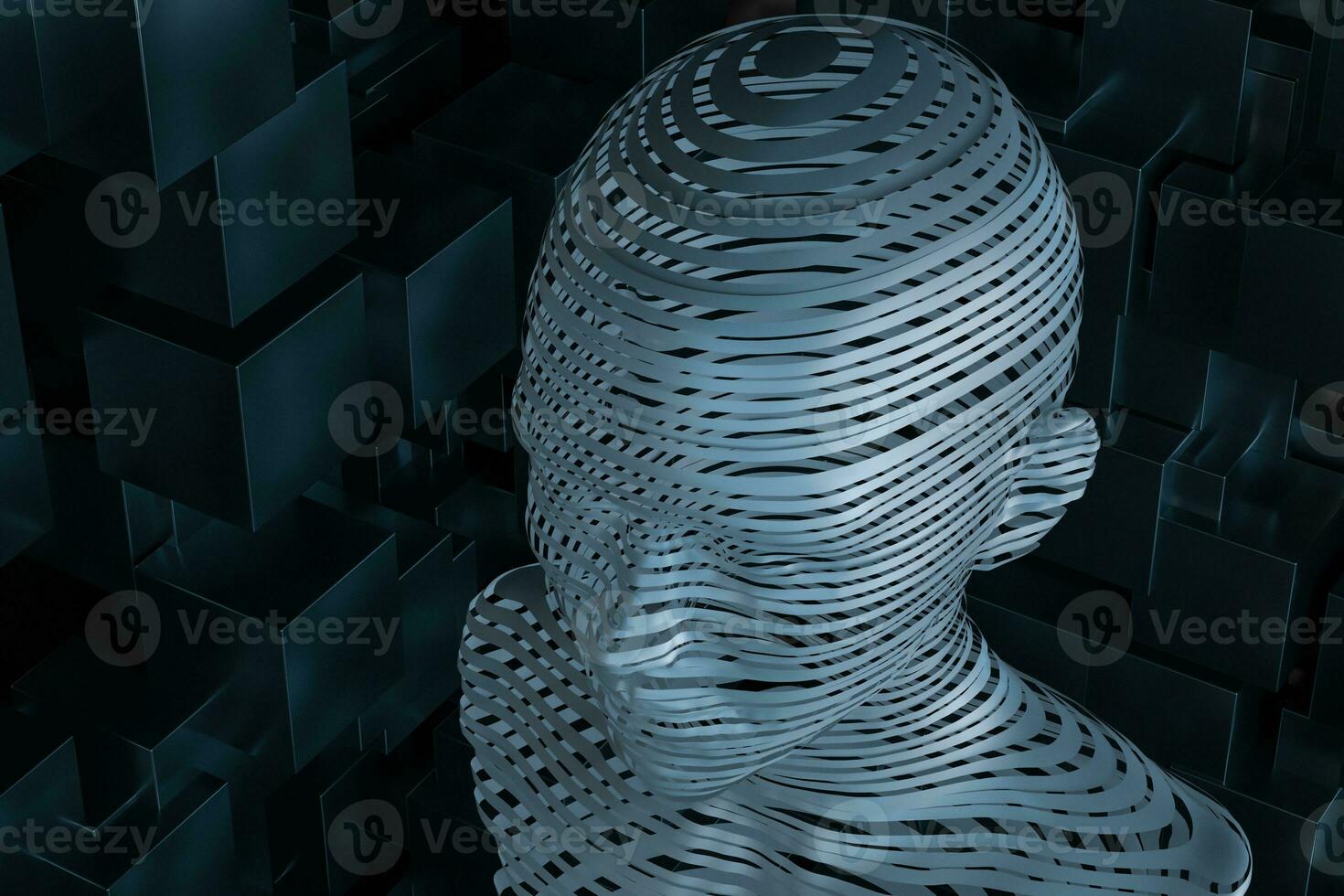 el cabeza de el virtual robot con conceptos de artificial inteligencia, 3d representación. foto