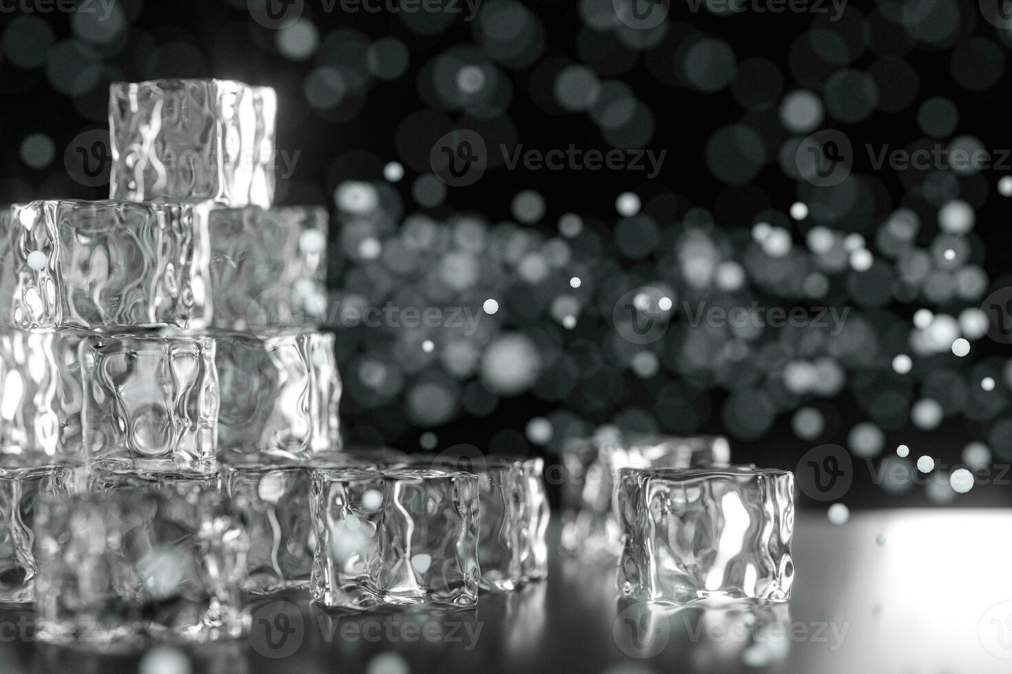 Ice cubes stacked each other with black background, 3d rendering. photo