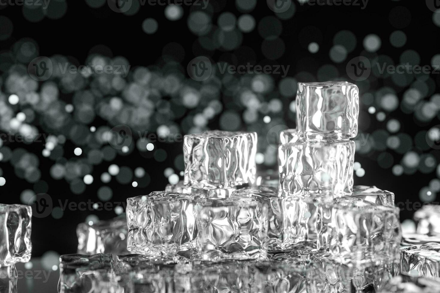 Ice cubes stacked each other with black background, 3d rendering. photo