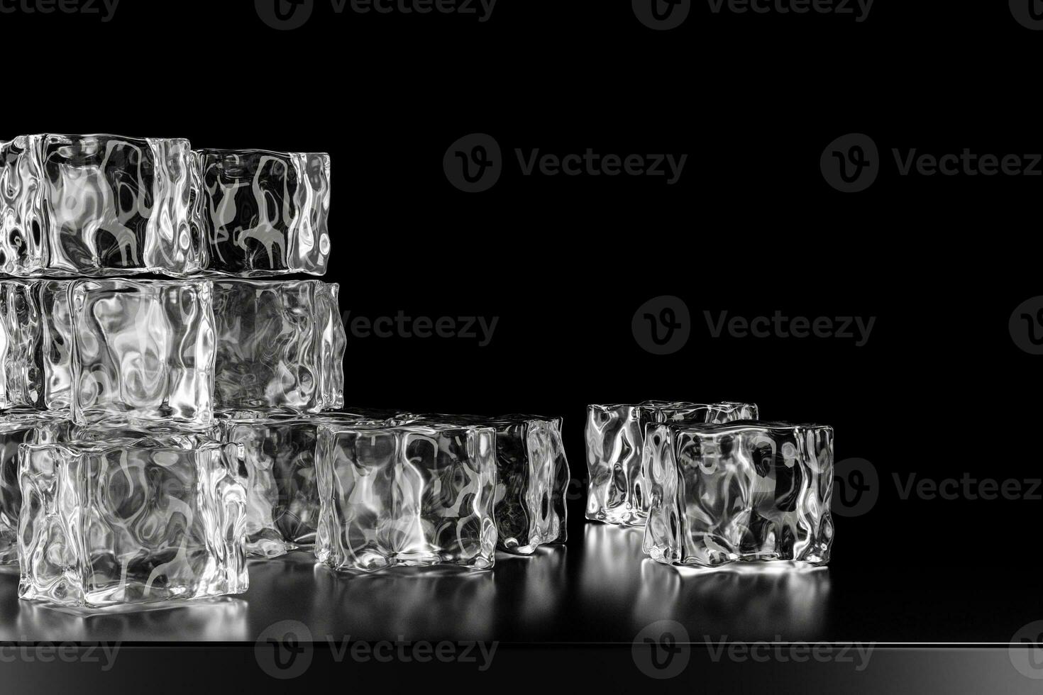 hielo cubitos apilado cada otro con negro fondo, 3d representación. foto